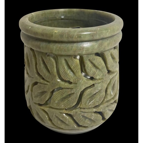 Vintage Yankee Candle Green Soapstone Carved Leaf Design Candle Holder or Tea Li - Picture 1 of 8